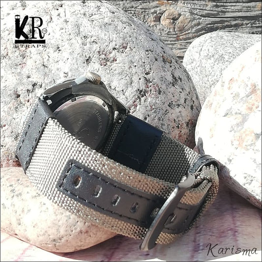 Kellonranneke kaksiosainen | tekstiili nahkavahvikkeilla beige