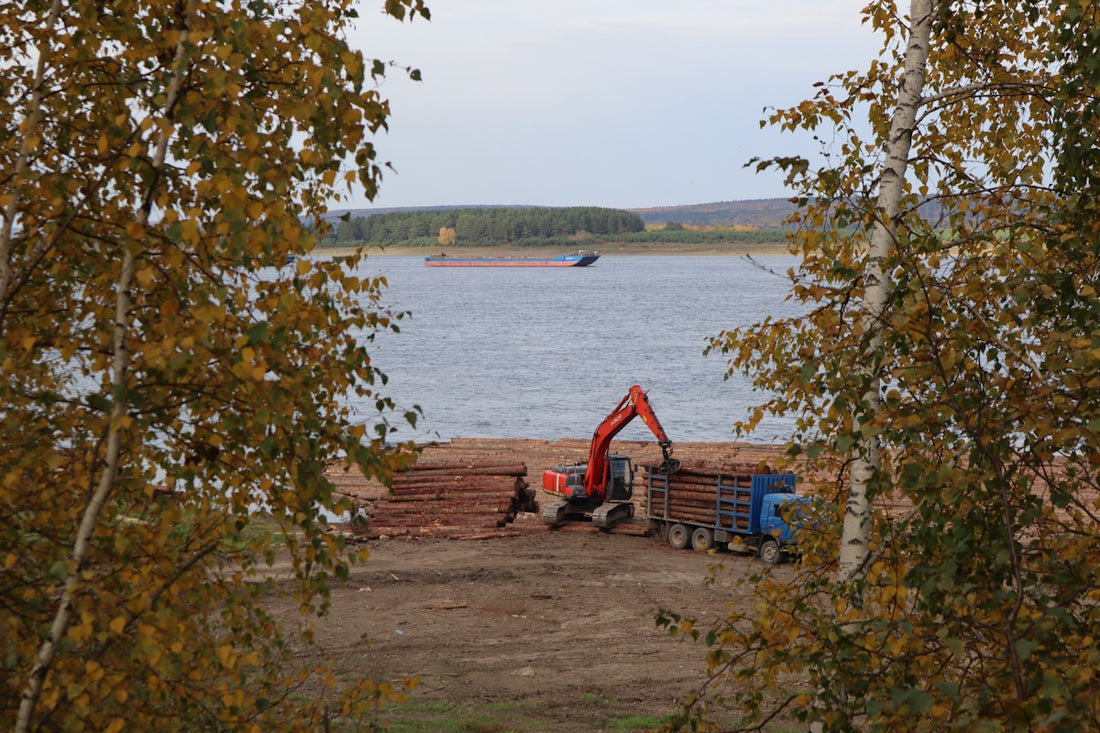 a crane is working on a pile of logs