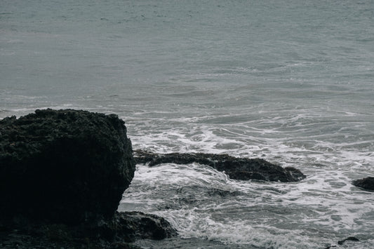 a black and white photo of the ocean and rocks