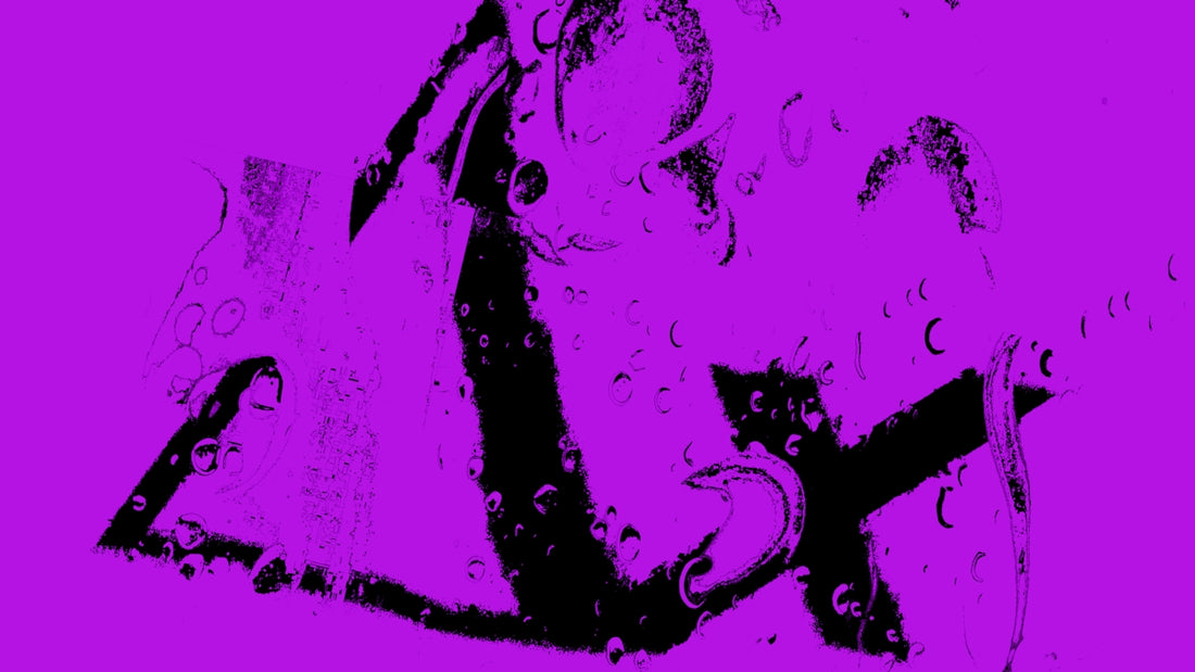 A purple abstract design with a triangle and cross.